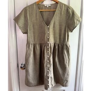 Madewell Sage Green Linen Blend Button Front Short Sleeve Dress Women's XS EUC